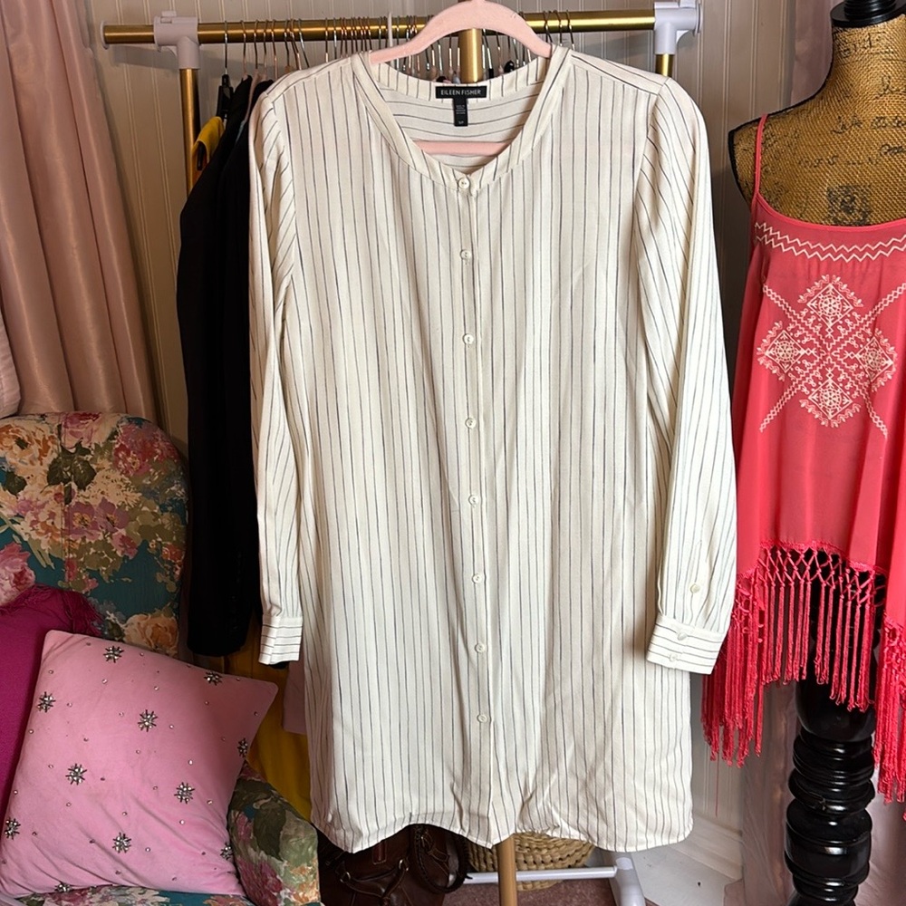 Eileen Fisher Cream Striped Button Down Tunic Silk Top Sz S
